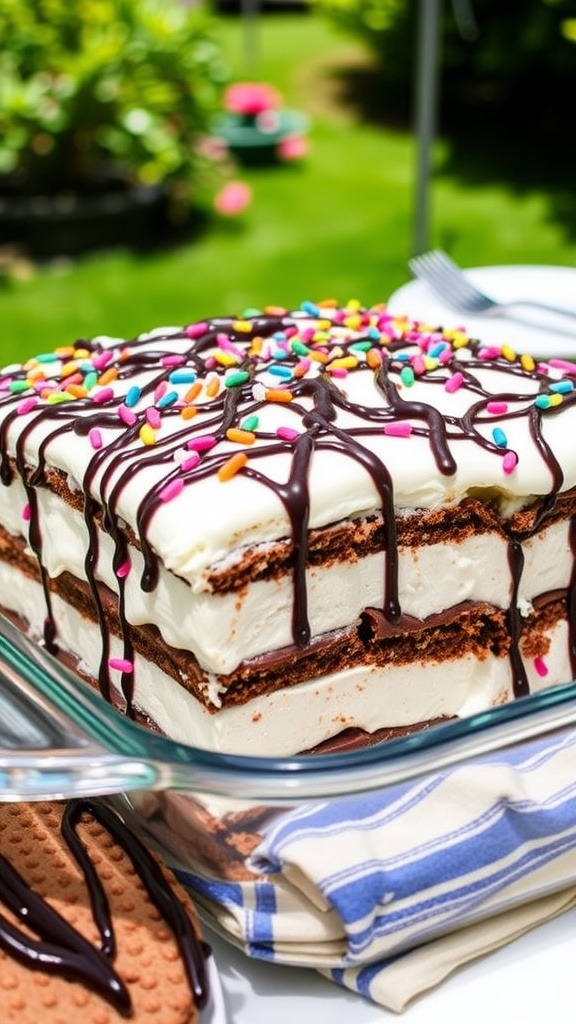 A 9x13 ice cream sandwich cake with whipped cream, chocolate syrup, and sprinkles, ready to be served.